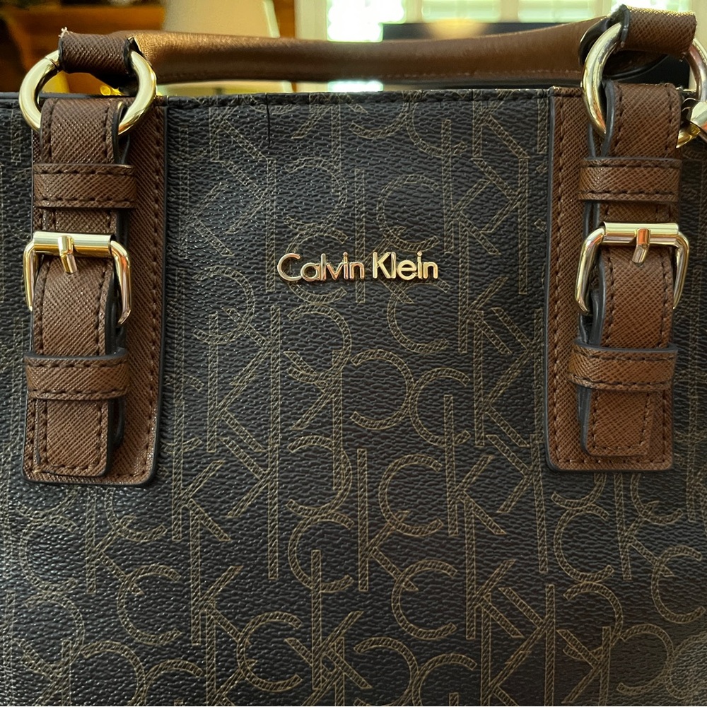 Calvin Klein Brown Monogram Tote with Gold Hardware 10” x 9” x 6”. - Picture 10 of 12